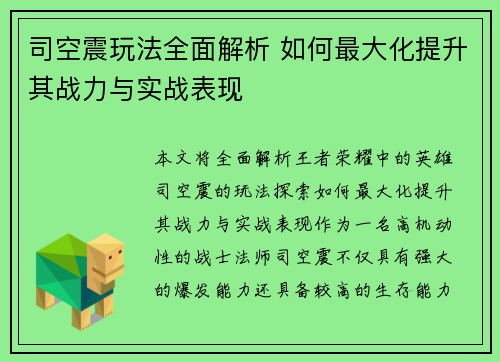 司空震玩法全面解析 如何最大化提升其战力与实战表现